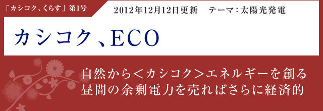 「カシコク、ECO」2012年12月12日更新・テーマ：太陽光発電 自然から＜カシコク＞エネルギーを創る昼間の余剰電力を売ればさらに経済的 ＜Special Interview＞「マンションで発電！？光熱費をカシコク減らす太陽光発電システム。」